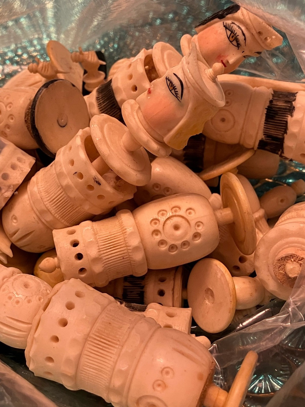 Carved Bone Chess Pieces- incomplete set see description